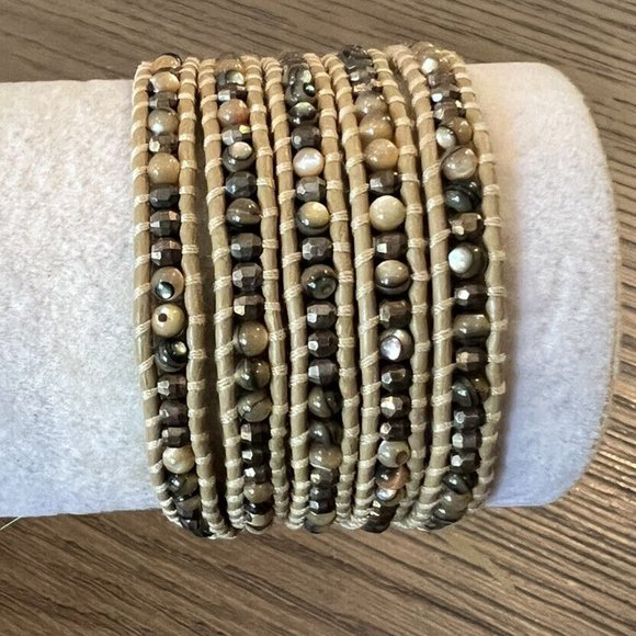 New Auth Chan Luu Abalone & Silver Indian Bead Petal Leather Wrap Bracelet - Picture 1 of 6